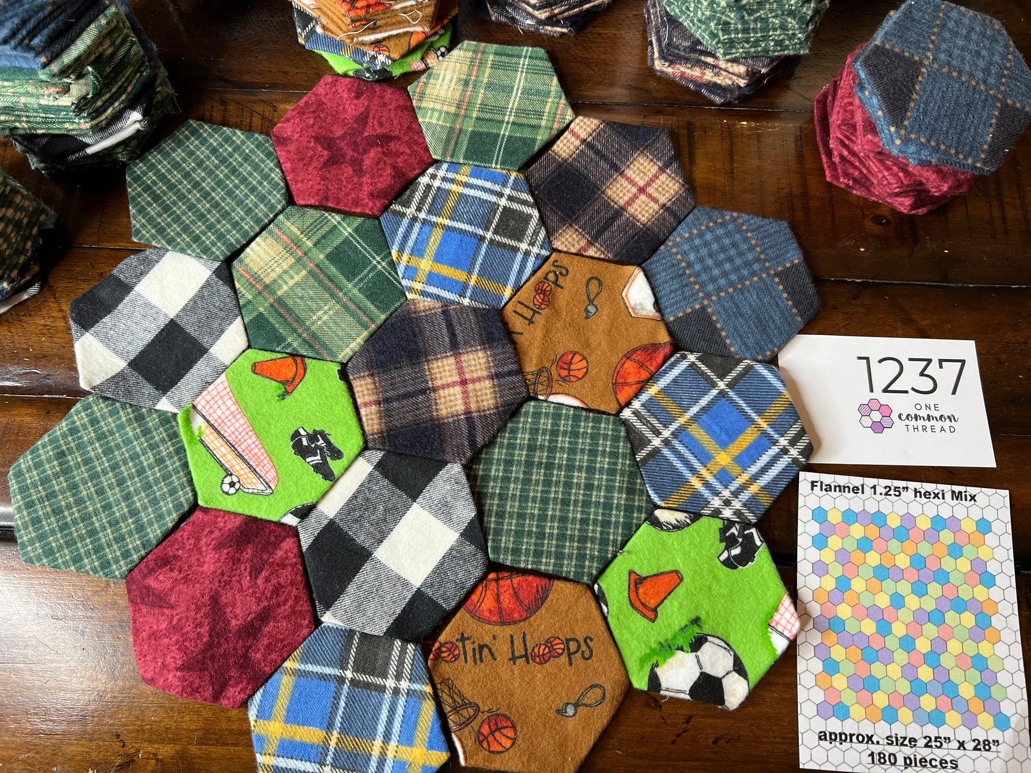 Plaid and Sports Baby Flannel, 1.5 Hexagons 190 piece, Baby Quilt Kit –