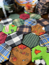 Load image into Gallery viewer, Plaid and Sports Baby Flannel, 1.5&quot; Hexagons 190 piece, Baby Quilt Kit