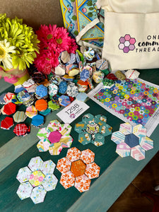 Grandma's Bright Flower Garden,  1" hexagons Throw Quilt Kit, 950 pieces